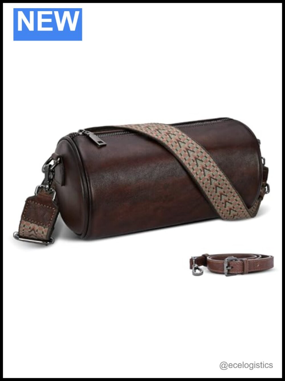 Genuine Leather Crossbody Bag Barrel Shoulder Handbag Two Straps